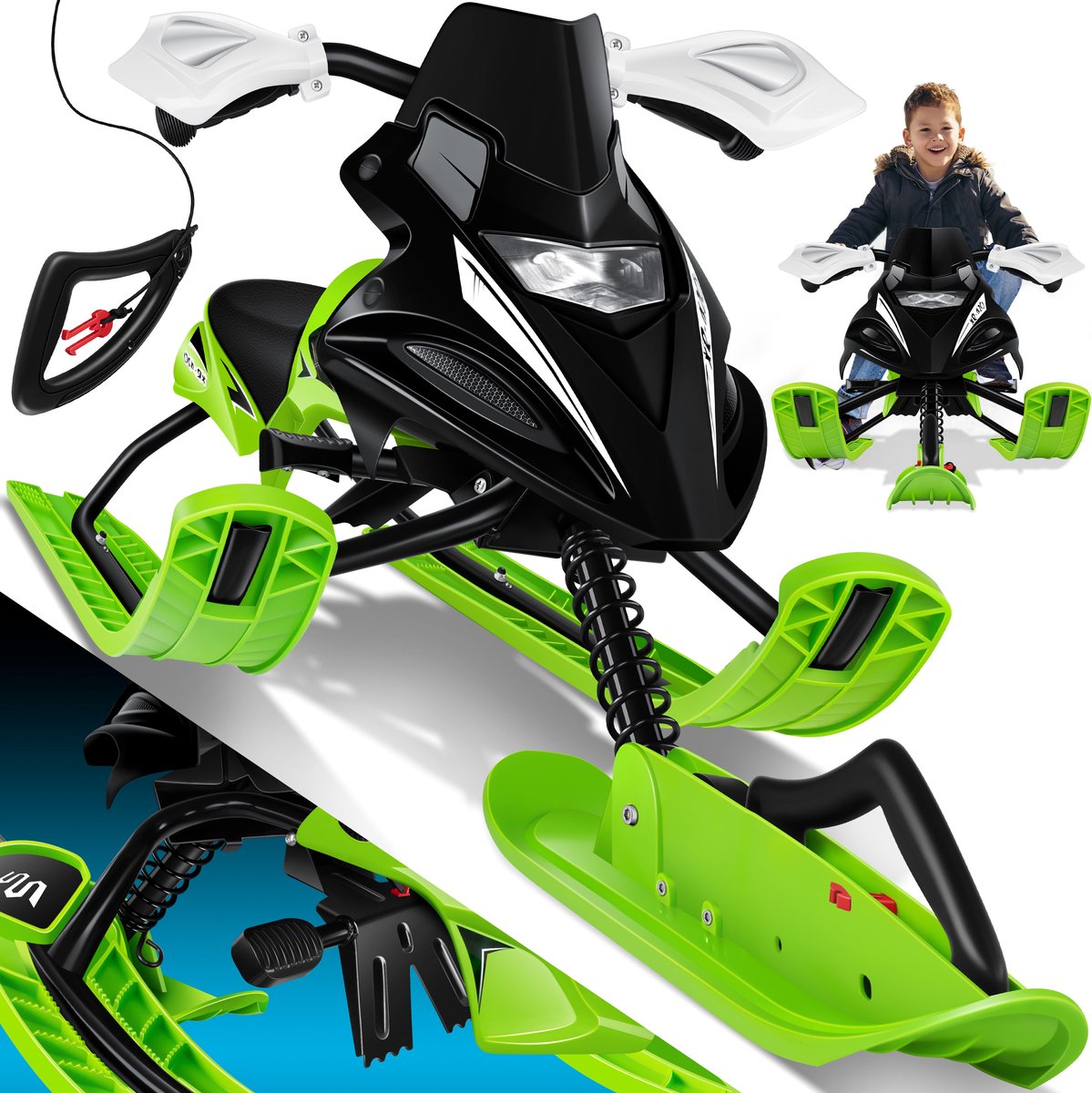 KESSER® Stuurslee | sneeuw slee met 2 Voetremmen | Automatisch Trekkoord | Vering | Slipsturen | Bob Kinderslee   | Skibob Stuurslee | - Groen